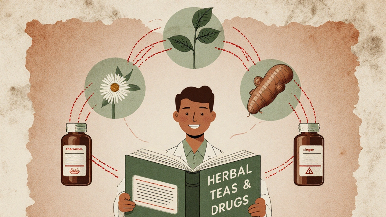 A pharmacist with a book showing herbal teas linked by warning lines to prescription bottles.