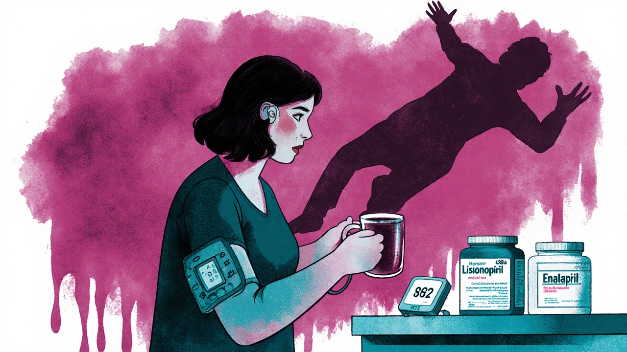 A woman drinking hibiscus tea as her blood pressure drops dangerously low, shadow of fainting nearby.