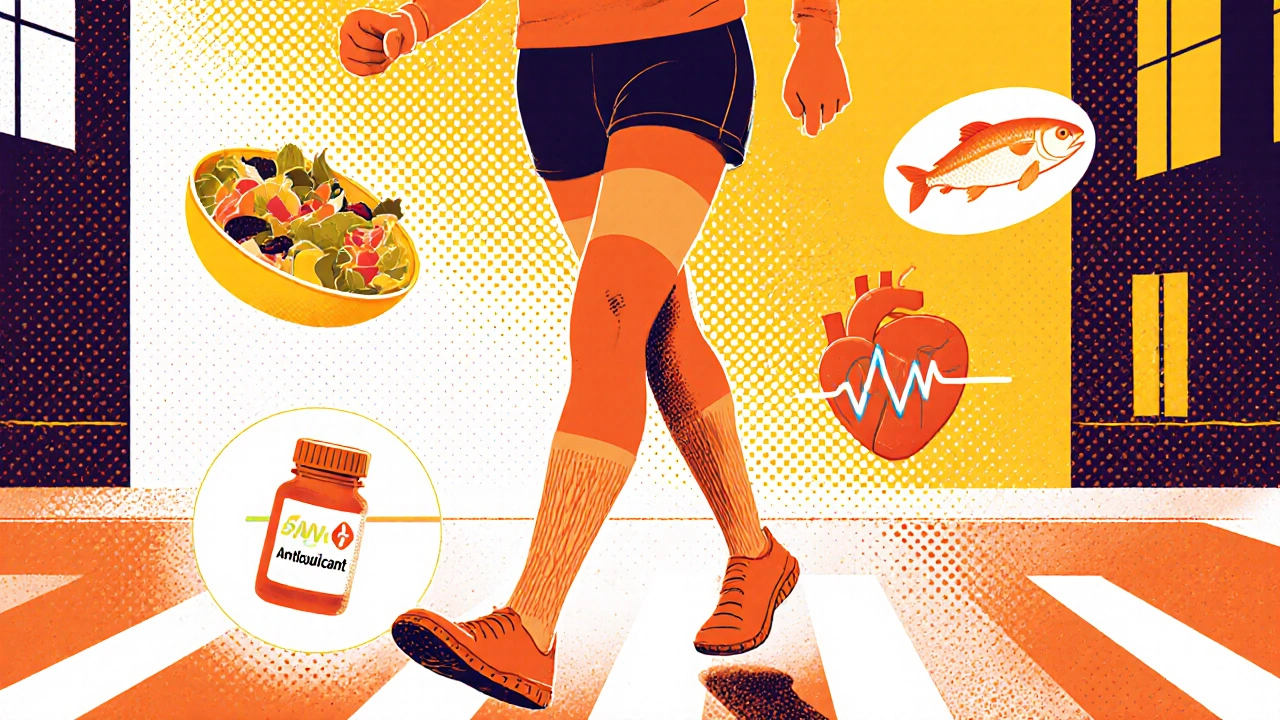 Active person in compression stockings with healthy food, medication, and glowing heart and leg vein.