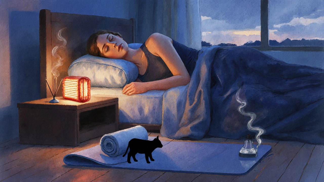 Bedroom with person resting, heating pad, ice pack, yoga mat and incense, calming lighting.