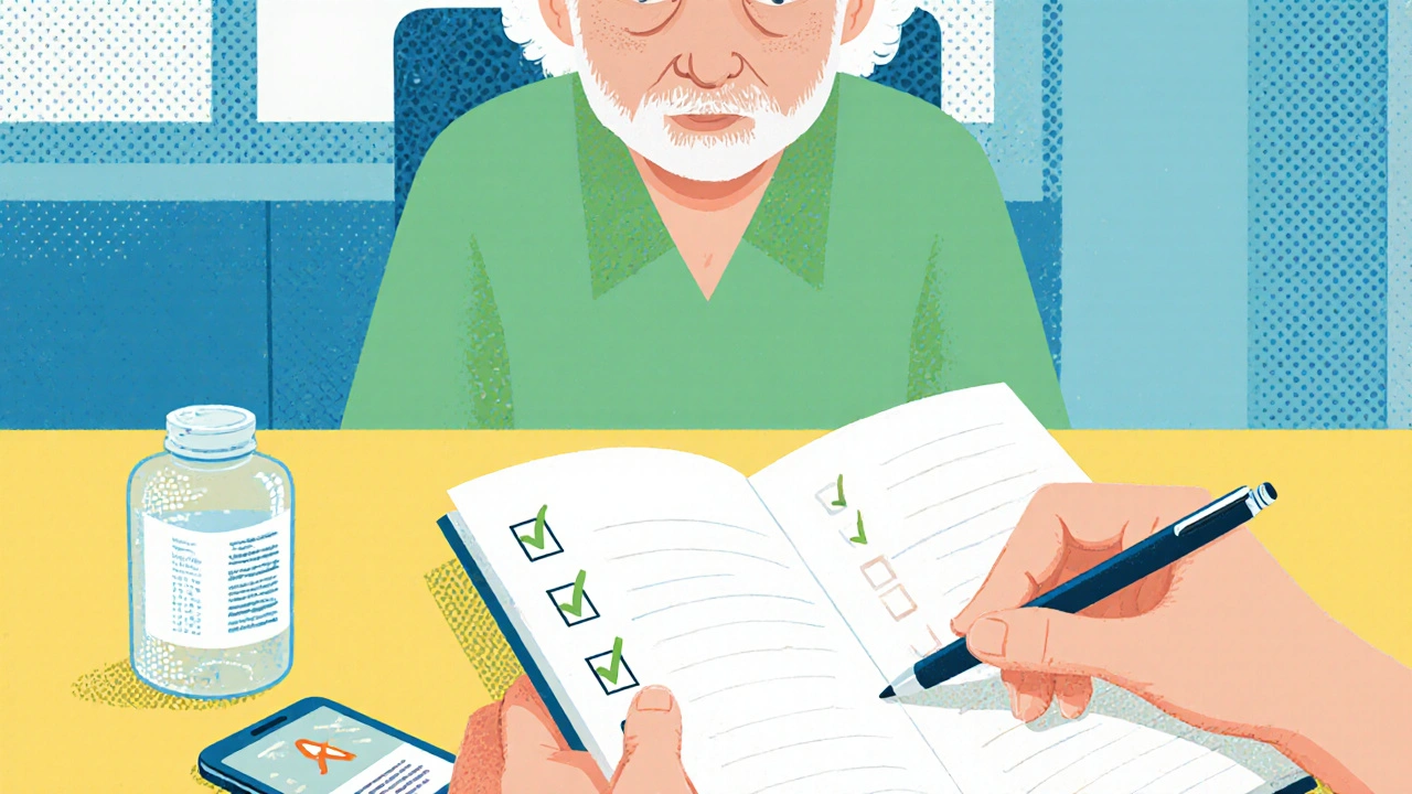 Caregiver hand holding a checklist notebook next to a single pill bottle and phone, elderly person breathing calmly.