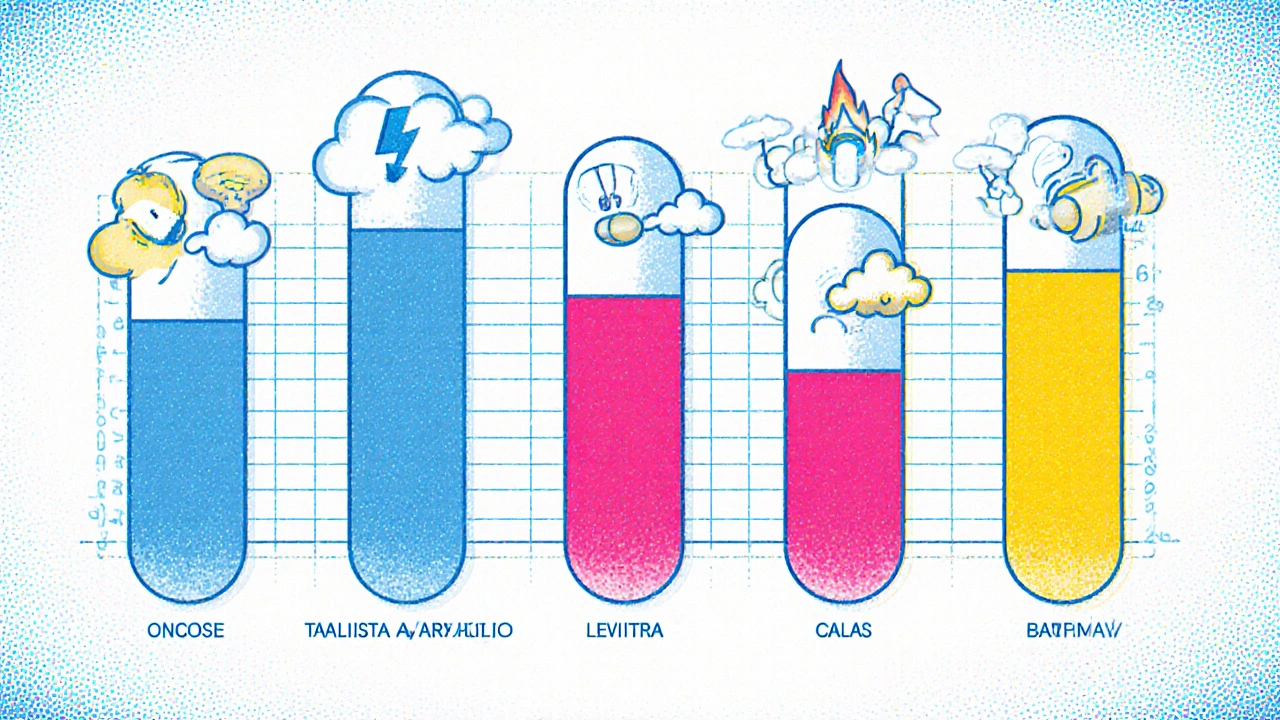 Cartoon chart comparing onset, peak, and duration of five ED pills.