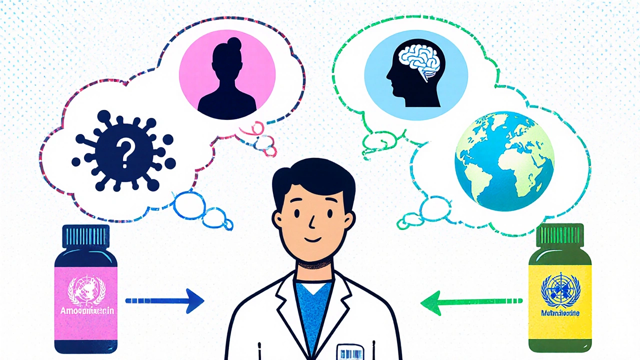 Cartoon doctor uses thought bubbles to choose among four antibiotics, showing decision factors.