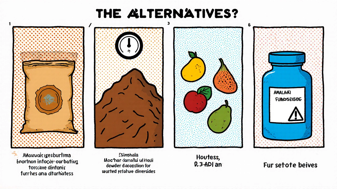 Comic strip comparing Slimonil, Mahasudarshan Churna, Triphala, and Furosemide.
