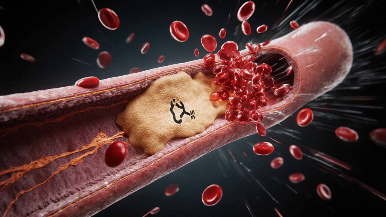 Cross‑section of an artery showing plaque, nicotine molecules, and clumped platelets.