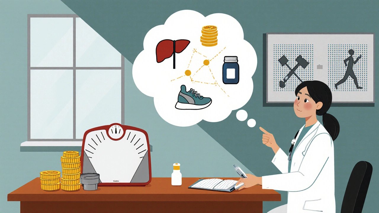 Doctor and patient discuss options surrounded by icons for health, goals, budget, and medication types.