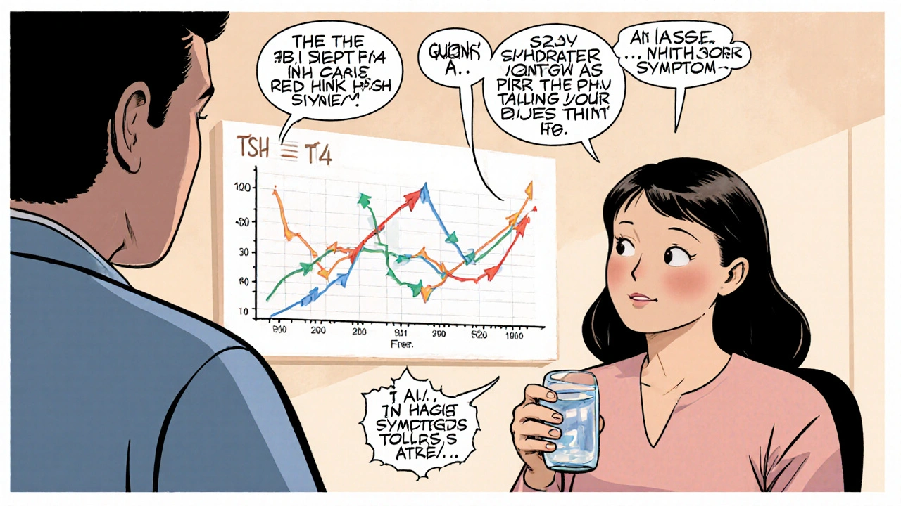 Doctor and patient discuss thyroid test results and hydration tips.