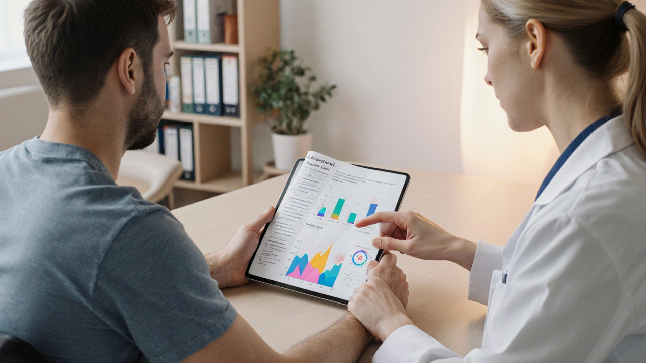 Doctor discussing lab results with patient, pointing at a tablet in a modern exam room.