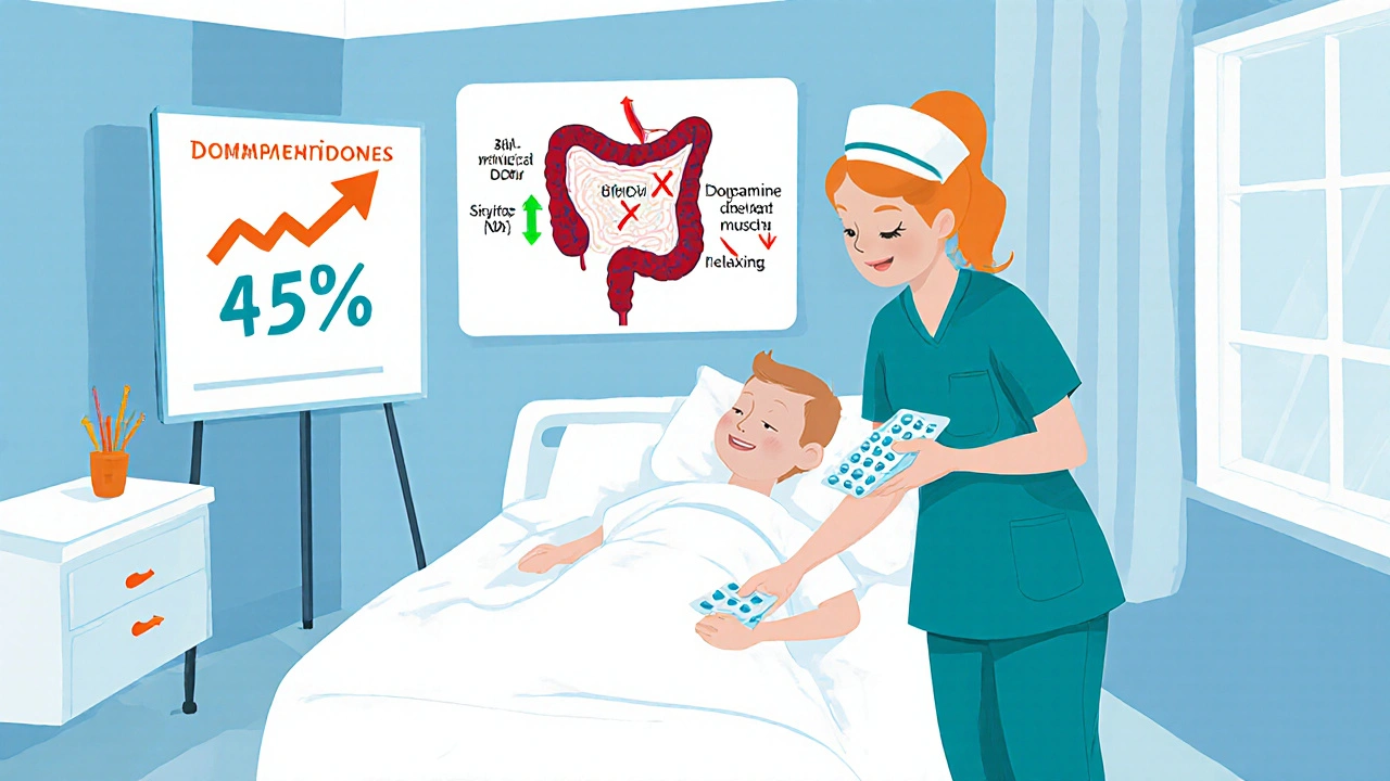Finnish hospital ward showing nurse giving domperidone tablets and a chart of reduced vomiting.