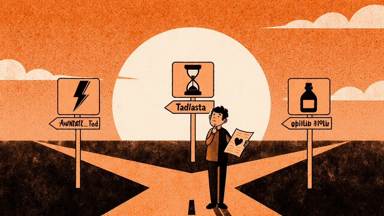 Illustration of a man choosing between different ED medication paths.