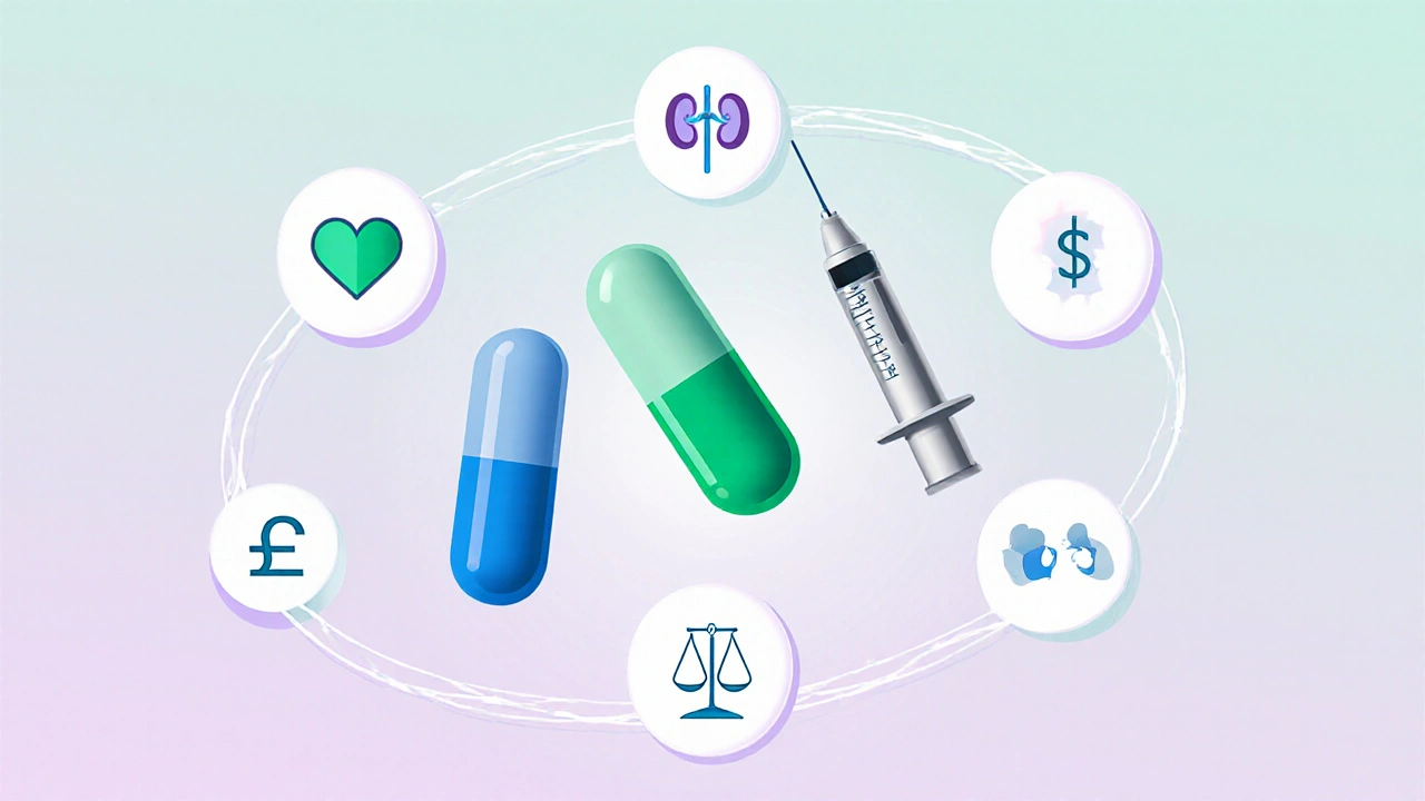Illustration of three diabetes meds with surrounding heart, kidney, cost, and weight icons.