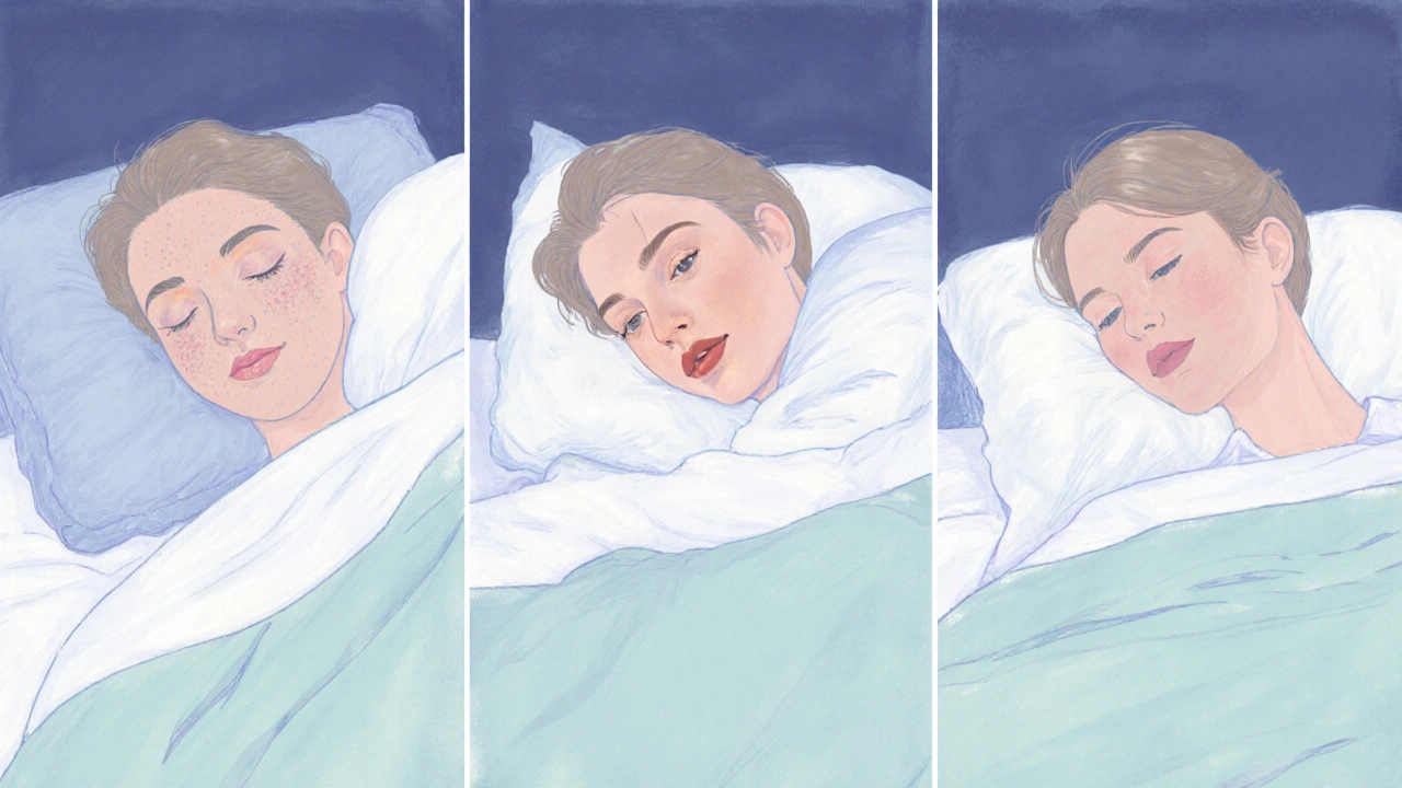 Illustration of three sleep setups: rough pillowcase, silk pillowcase, and back sleeping.