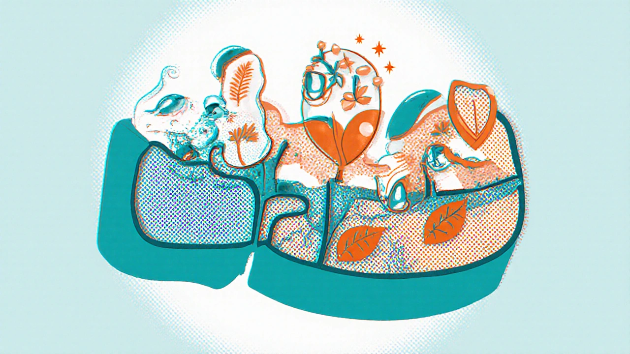 Kidney cross‑section showing animated herbs acting on diuresis, inflammation, and antioxidants.