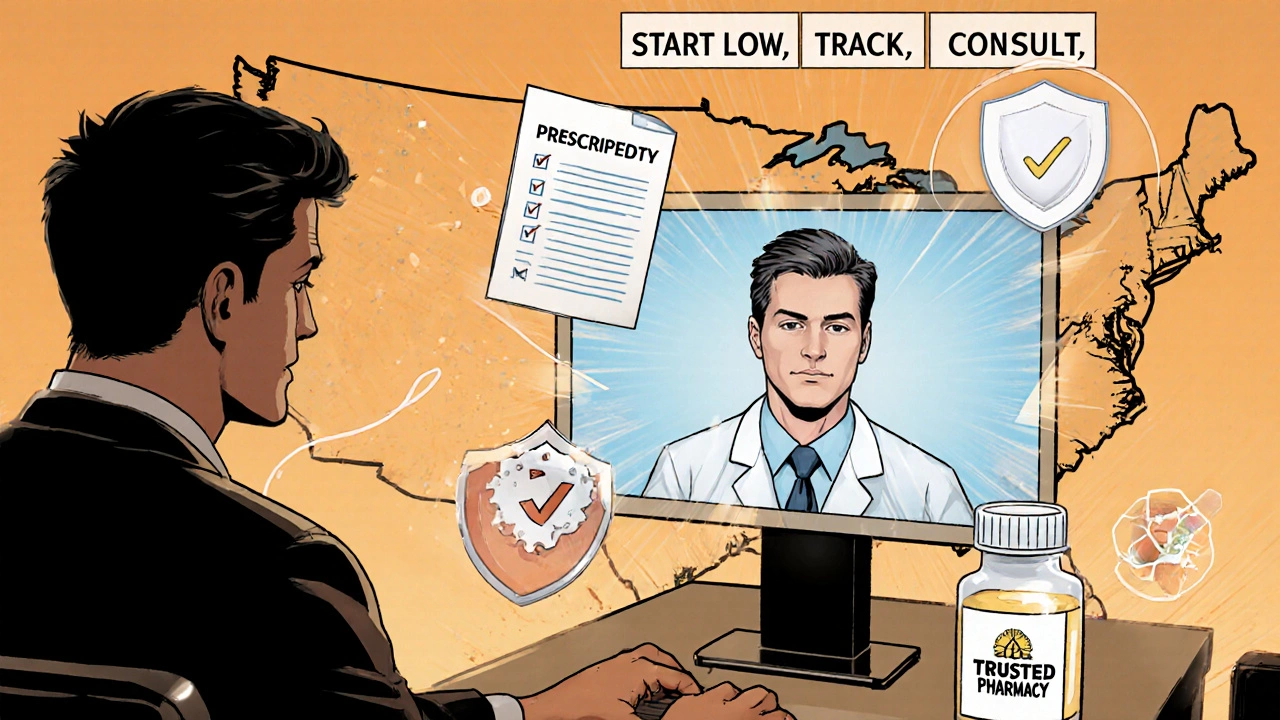 Man video‑chatting with doctor, safety icons around, comic book panel.