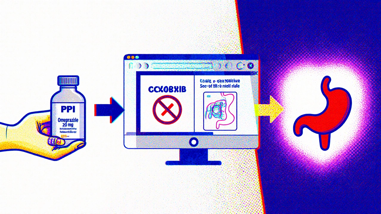 Nurse giving PPI, COX‑2 NSAID shown, and shielded stomach illustrating protection.