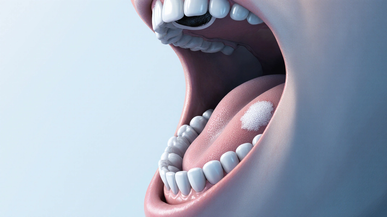 Open mouth showing cavity tooth, tongue lump, and white cheek patch.