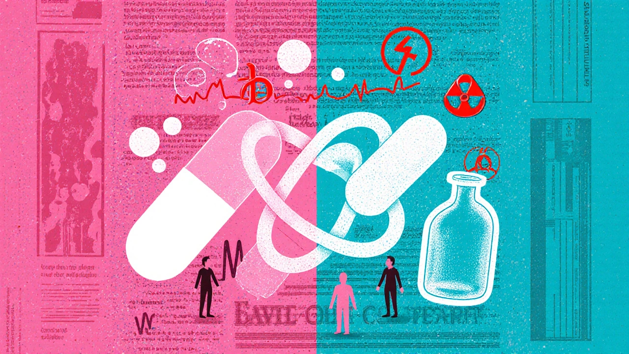 Overlapping drug silhouettes creating a knot, surrounded by tiny breath bubbles and red hazard symbols.