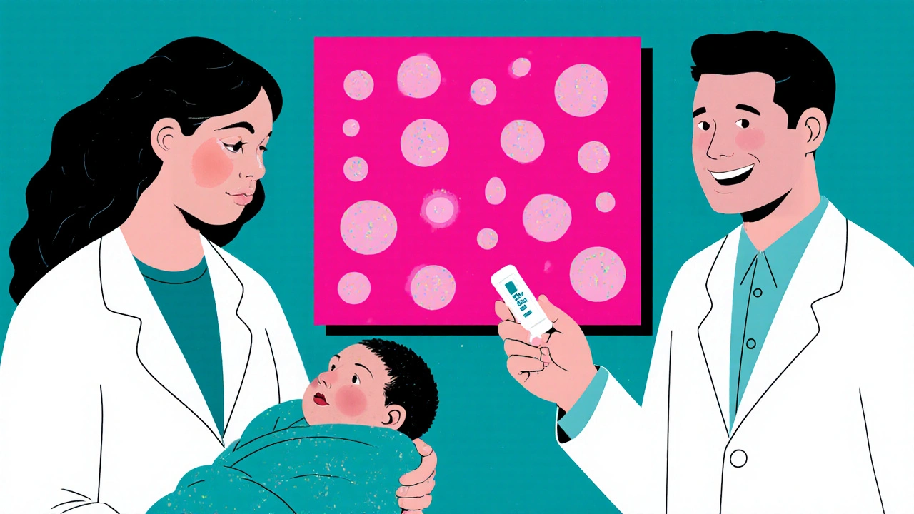 Pediatrician examines newborn with gray baby syndrome and adult with azithromycin tablet, highlighting safety differences.