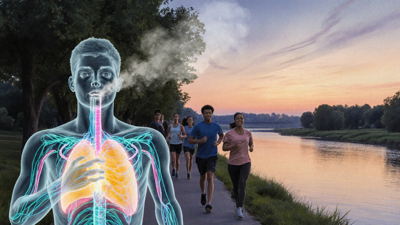 People jogging at sunrise, with glowing repaired arteries indicating vascular health.