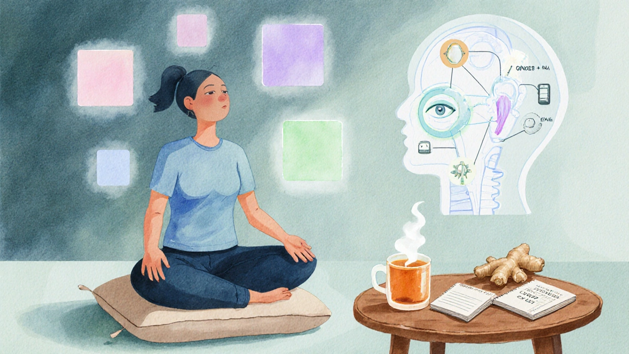 Person practicing box breathing with ginger tea and calming visual cues.