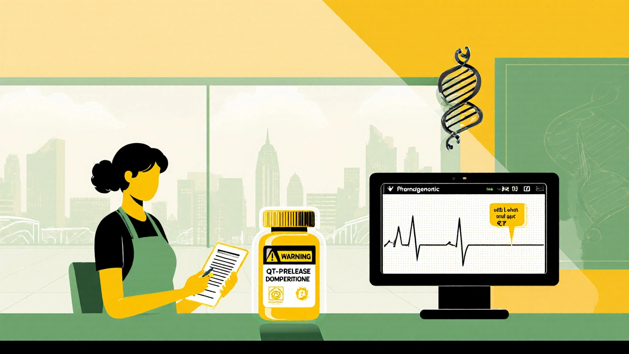 Pharmacy counter with boxed warning, ECG monitor, and DNA helix indicating modern domperidone safety.