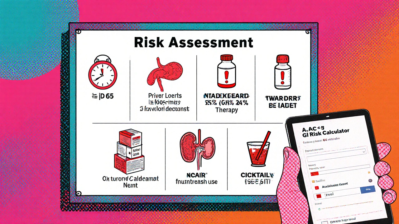 Risk‑factor checklist board with icons for age, ulcer, anticoagulant, NSAID dose, steroid, kidney disease, smoking.