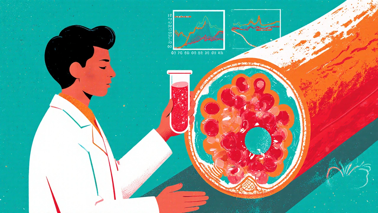 Scientist holding test tube beside blood vessel showing reduced platelet clumping.