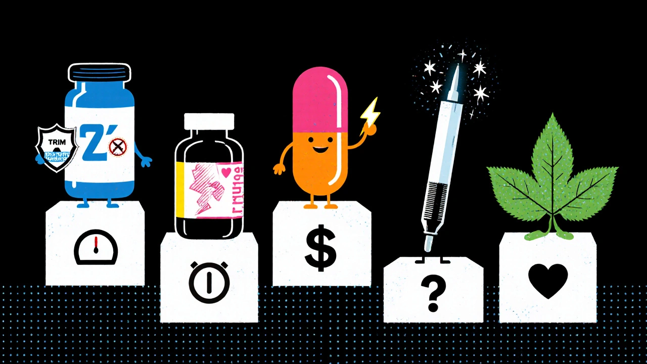 Seven cartoon characters represent different weight‑loss drugs, each with a unique visual cue.