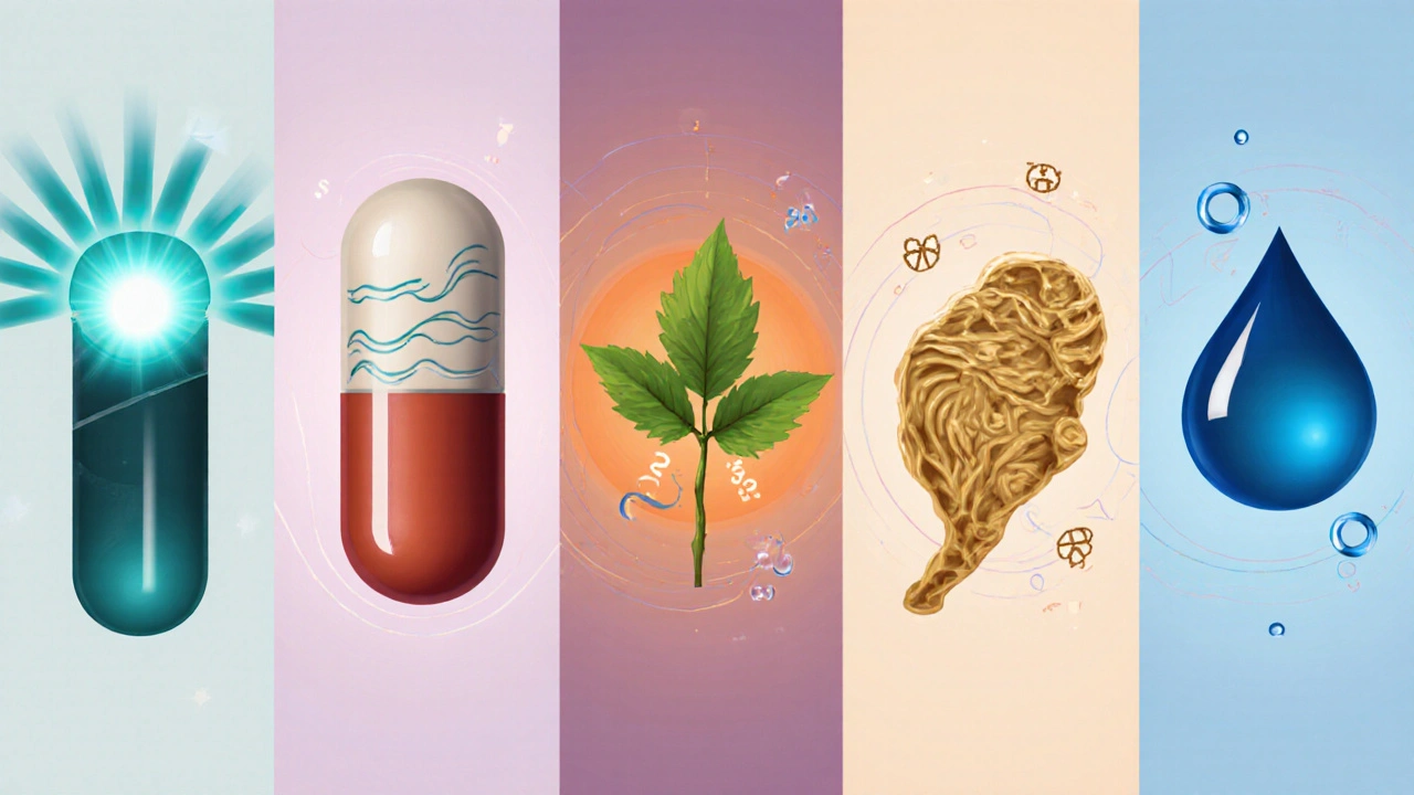 Six panels illustrate Sulbutiamine, Piracetam, Modafinil, Rhodiola, Bacopa, Alpha‑GPC with visual cues of effects.