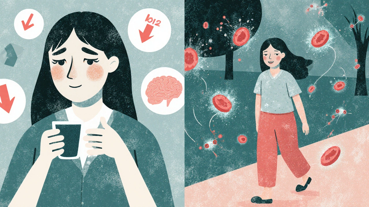 Split image: tired woman with foggy brain vs. same woman energized, glowing cells and B12 molecules.