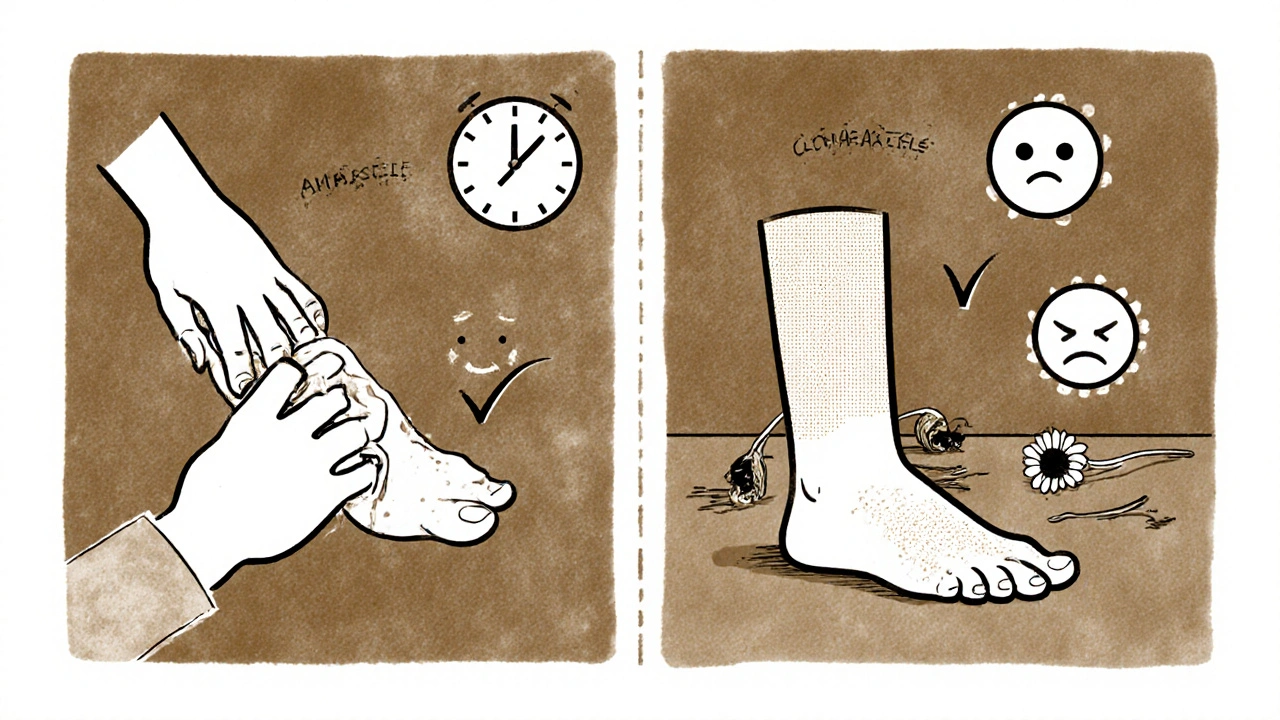 Split-panel cartoon showing successful Lamisil treatment vs. failed alternatives with time passing.