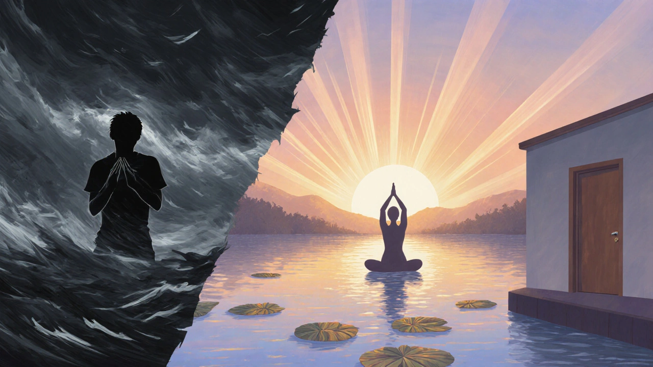 Split scene showing anxiety storm turning into peaceful yoga sunrise.