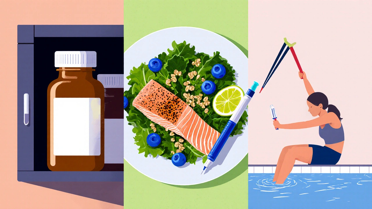 Split view of medication bottles, anti‑inflammatory meal, and low‑impact exercises.