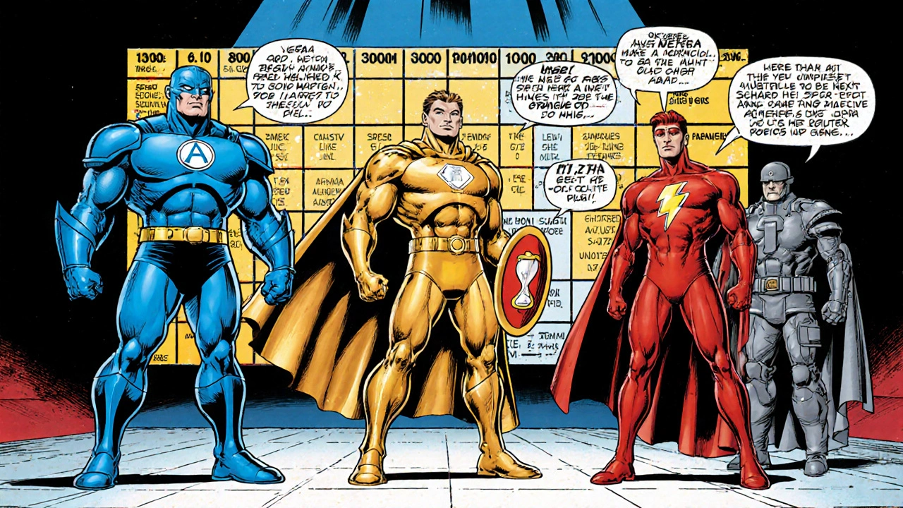 Superhero versions of Viagra, Cialis, Levitra, Stendra, and Generic Sildenafil in a comic showdown.