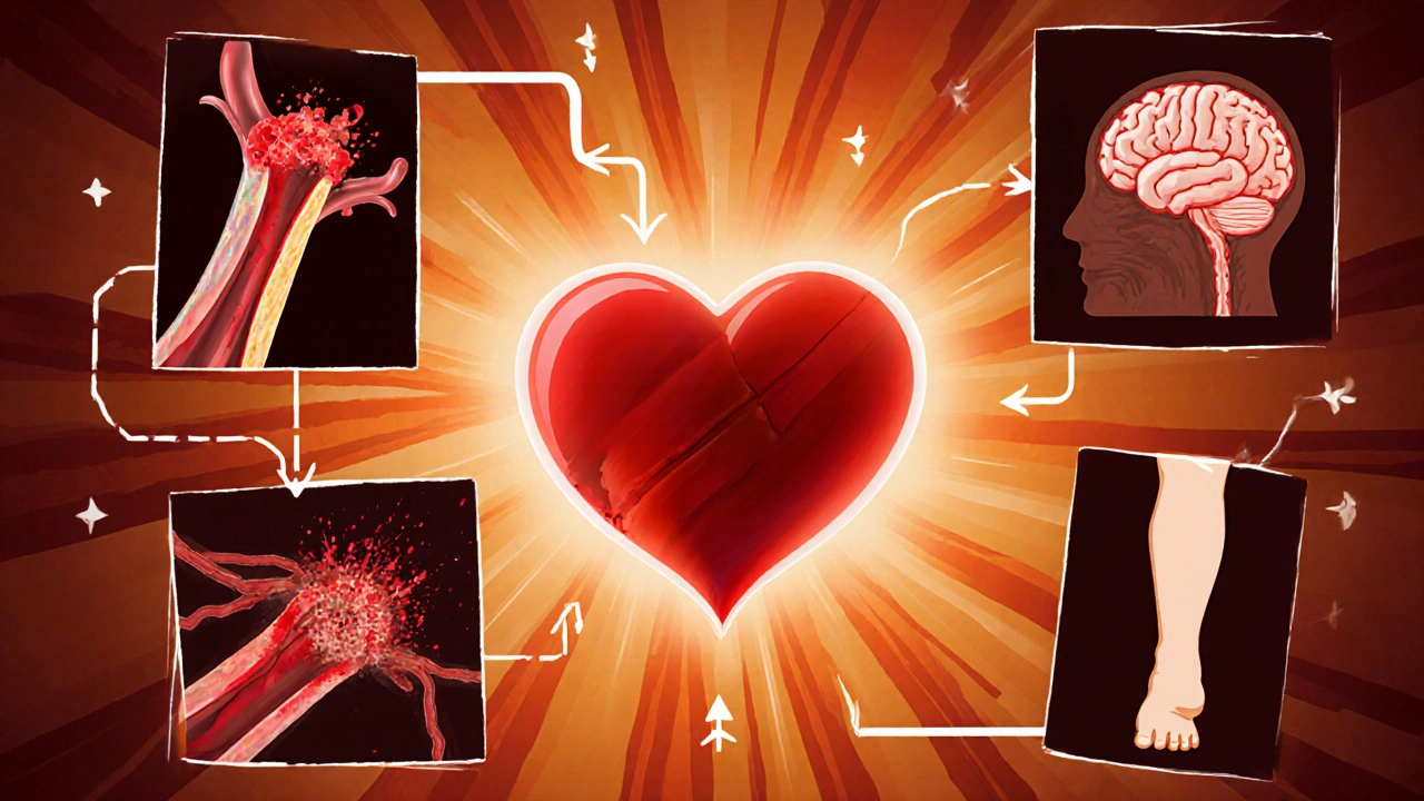 Three scenes showing narrowed coronary artery, blocked brain artery, and leg artery claudication.