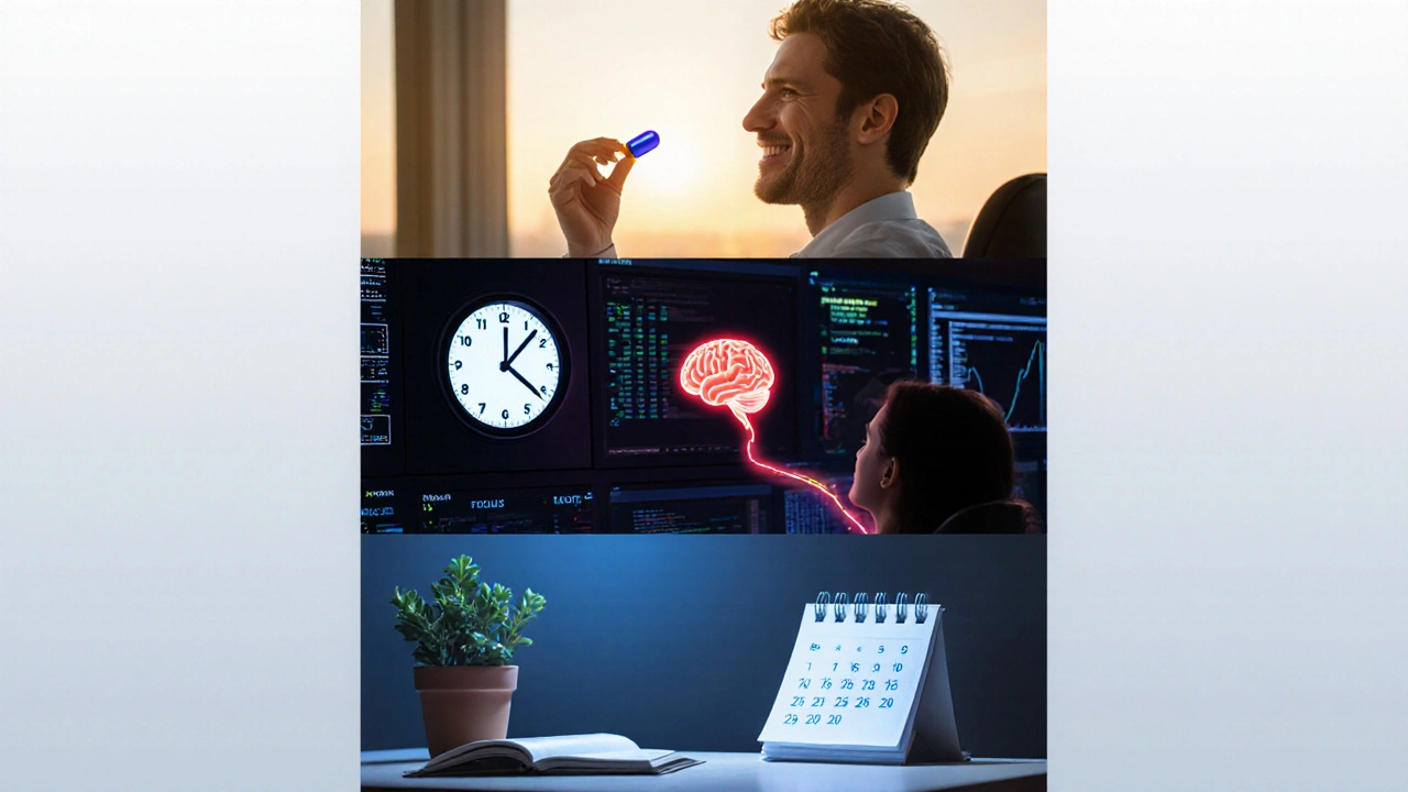Three stacked scenes: morning office with Sulbutiamine, night shift with Modafinil, study desk with Bacopa.
