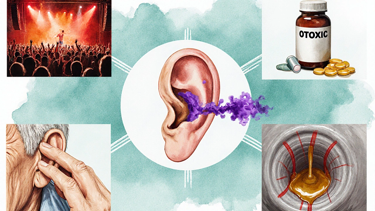 Watercolor collage showing noise, medication, age, earwax, and blood flow causes around an ear.