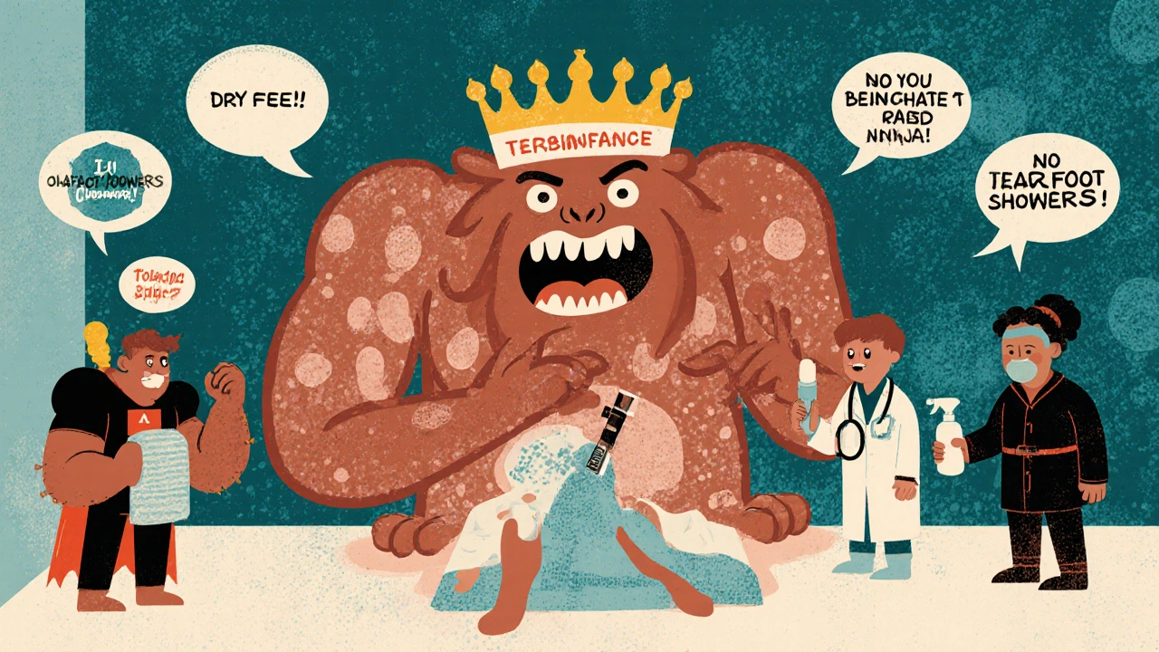 Whimsical scene of antifungal heroes defeating a fungus monster in a dermatologist’s office with prevention tips.