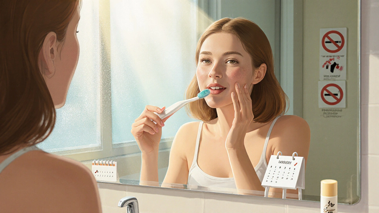 Woman doing self‑exam in bathroom mirror with toothbrush and SPF lip balm.