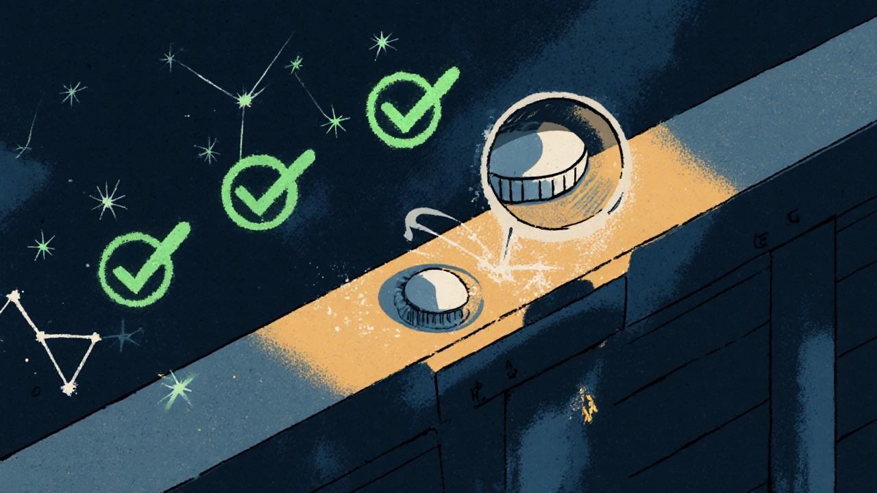 A tablet on a conveyor with validation phases as glowing checkmarks above it.