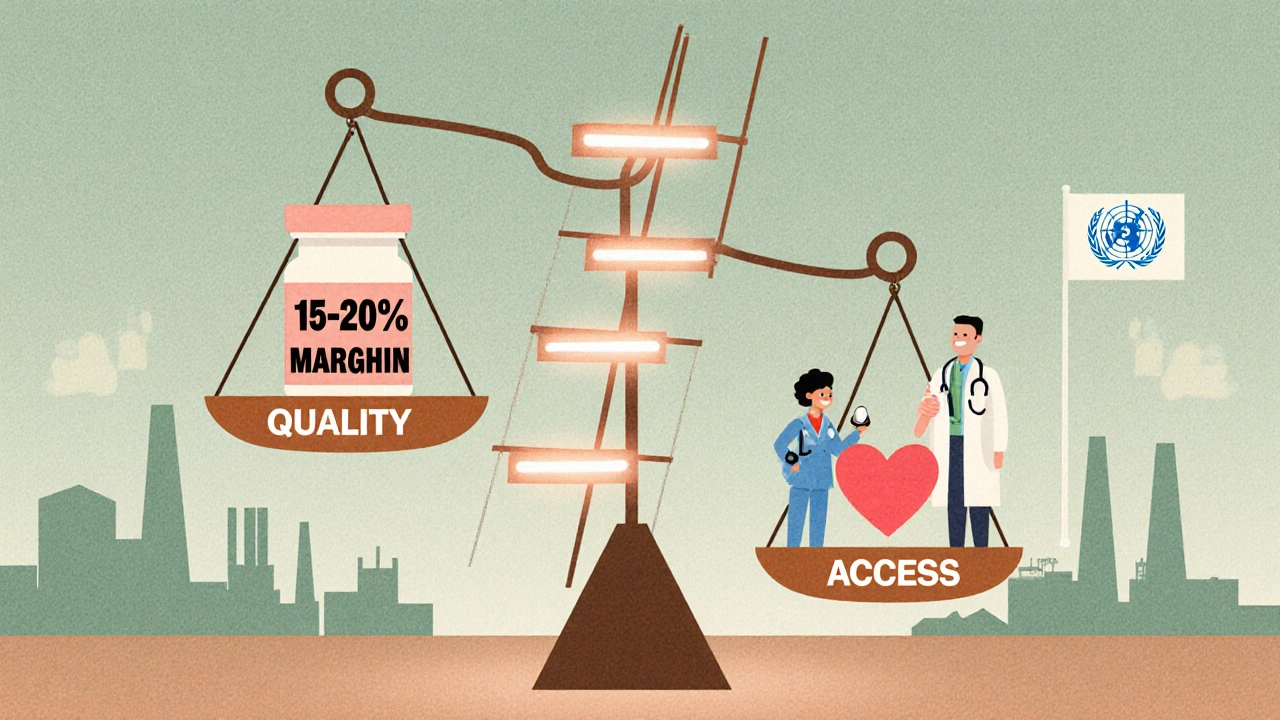 Balanced scale with generic pill and healthcare symbols, topped by a quality-price-access ladder