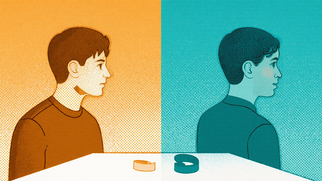 Before and after illustration of someone performing chin tucks, showing improved posture with resistance band nearby.