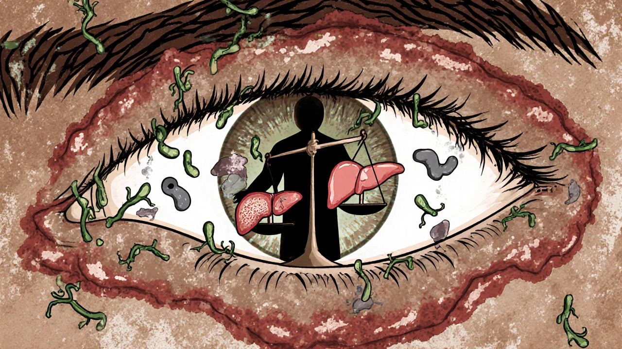 Bulging eyes with antibody vines, balanced against thyroid, liver, and brain in textured risograph illustration.