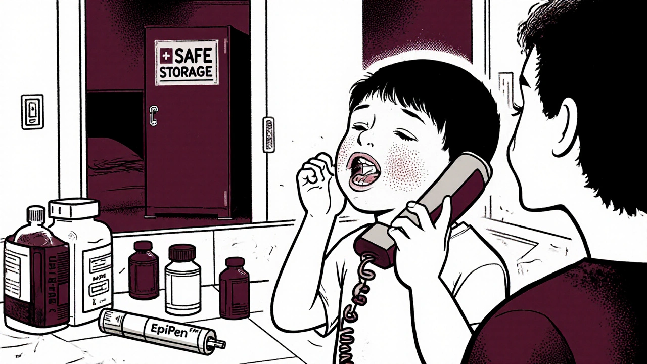 Child having allergic reaction, parent holding EpiPen, unlocked medicine bottles on counter vs locked cabinet in distance.