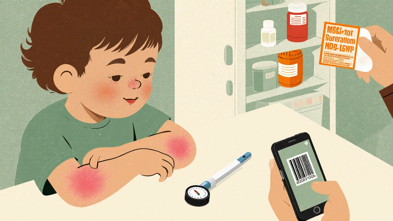 Child with mild rash, parent checking medication label, fridge with properly stored pediatric meds and phone app visible.