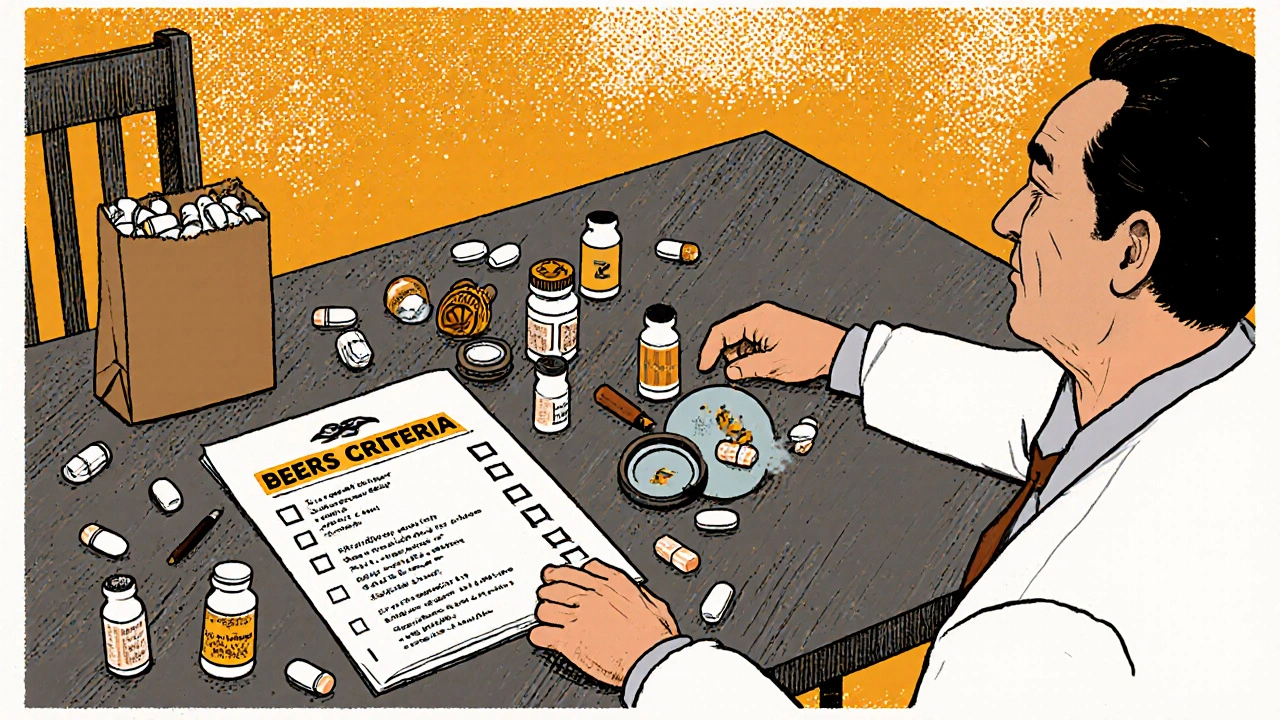 Doctor and patient reviewing pill bottles at a kitchen table with a brown bag and Beers Criteria checklist.