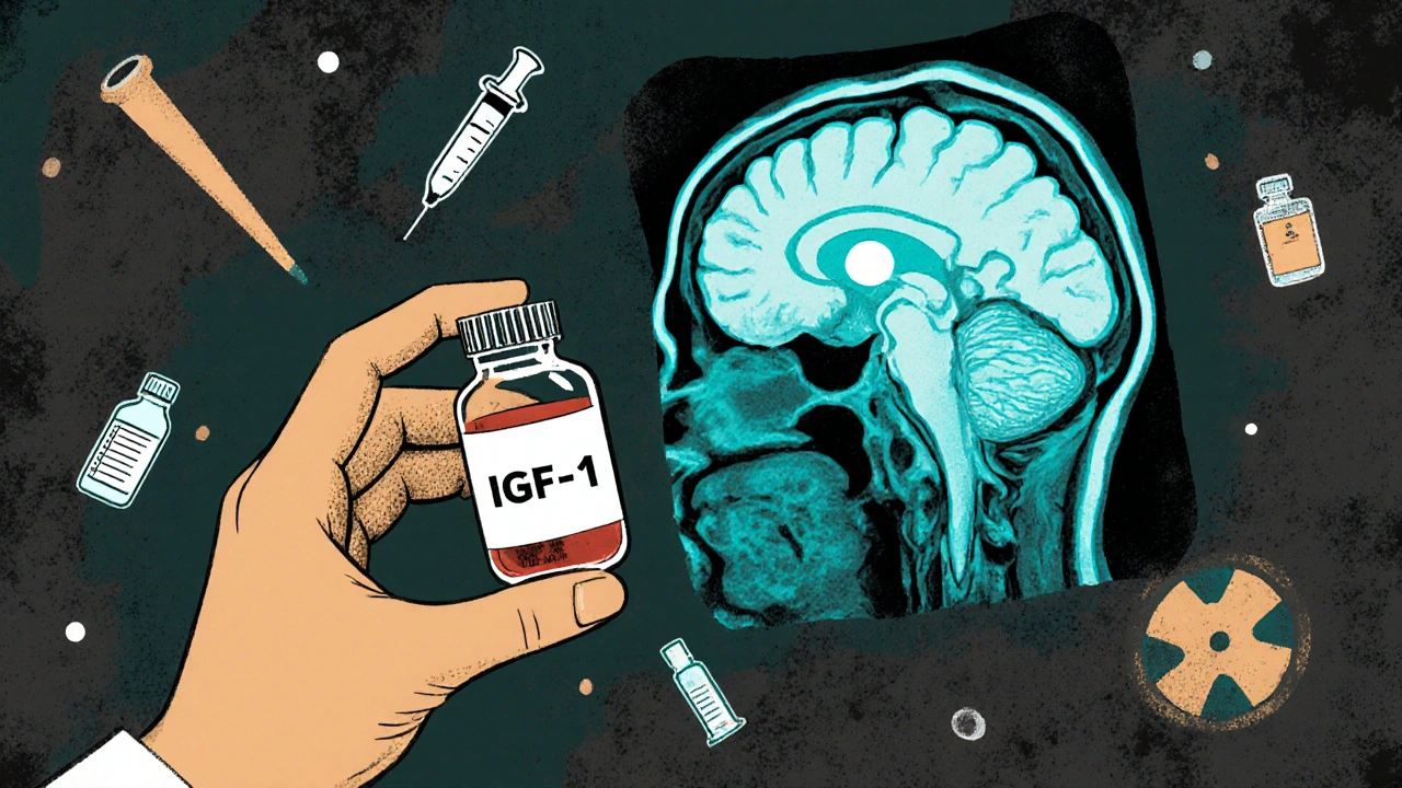 Doctor holding blood test next to MRI of pituitary tumor
