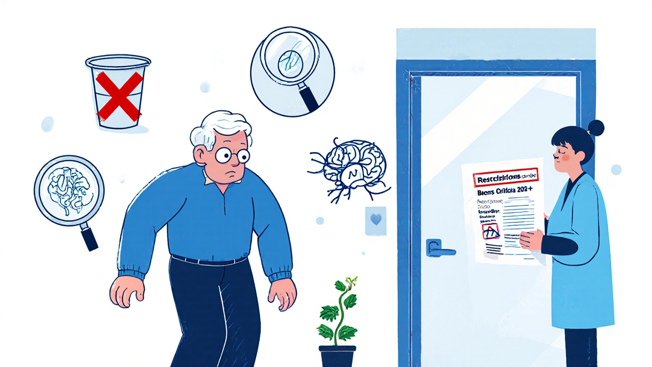 Elderly person near bathroom with floating health warning icons, doctor holding avoid prescription, wilting plant.