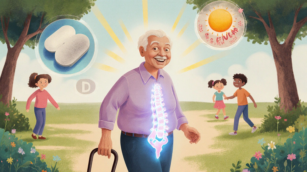 Elderly person walking in garden after spinal procedure, glowing spine and health icons