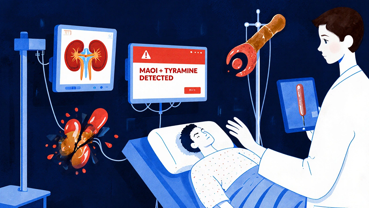Emergency room with patient on IV and AI alert showing dangerous drug interaction.
